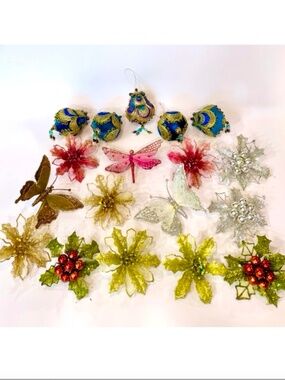 18-Piece Lot of Vintage-Style Tropical Holiday Ornaments, Vibrant Exotic Colors